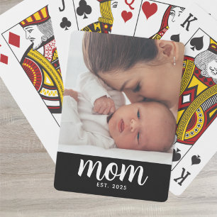 Mom Established Script Black Photo Playing Cards