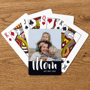 Mom Established Script Black Photo Playing Cards