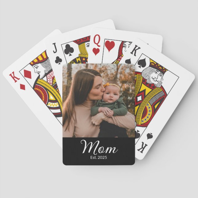 Mom Established Script Black Photo Playing Cards (Back)