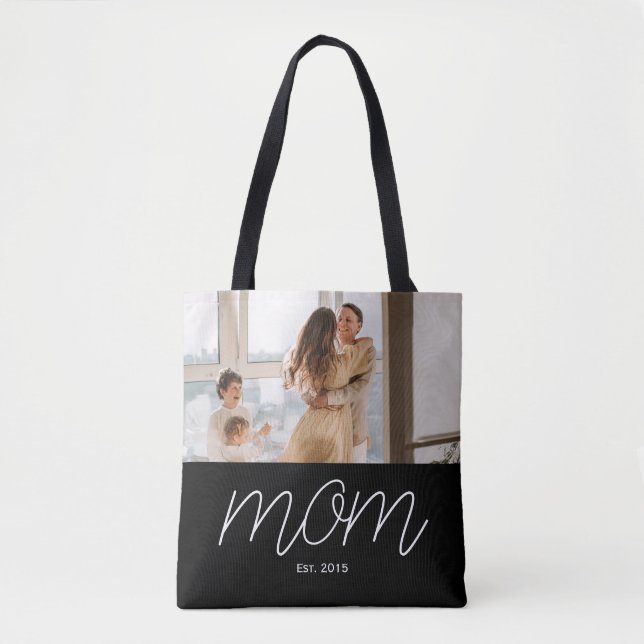 Mom Established Script Black Photo Tote Bag (Front)
