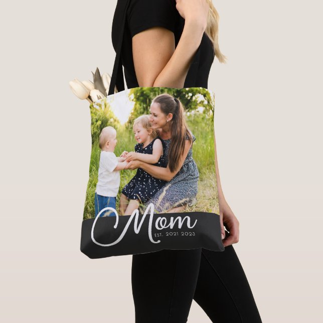 Mom Established Script Black Photo Tote Bag (Close Up)