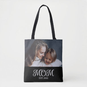 Mom Established Script Black Photo Tote Bag