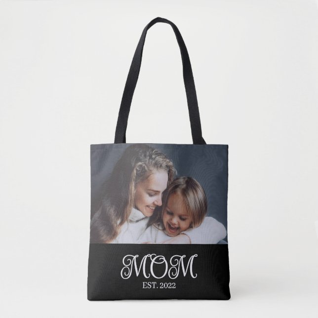 Mom Established Script Black Photo Tote Bag (Front)