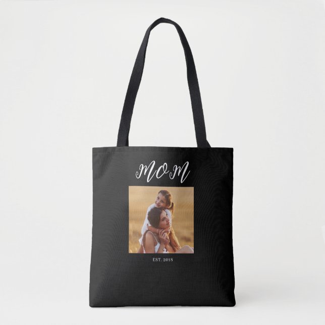 Mom Established Script Black Photo Tote Bag (Front)