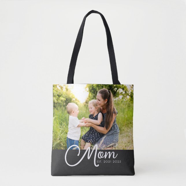 Mom Established Script Black Photo Tote Bag (Front)