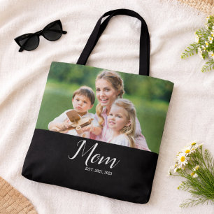 Mom Established Script Black Photo  Tote Bag