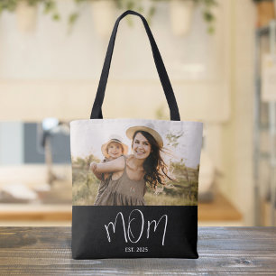 Mom Established Script Black Photo Tote Bag