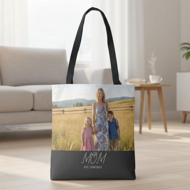 Mom Established Script Black Photo Tote Bag (Creator Uploaded)