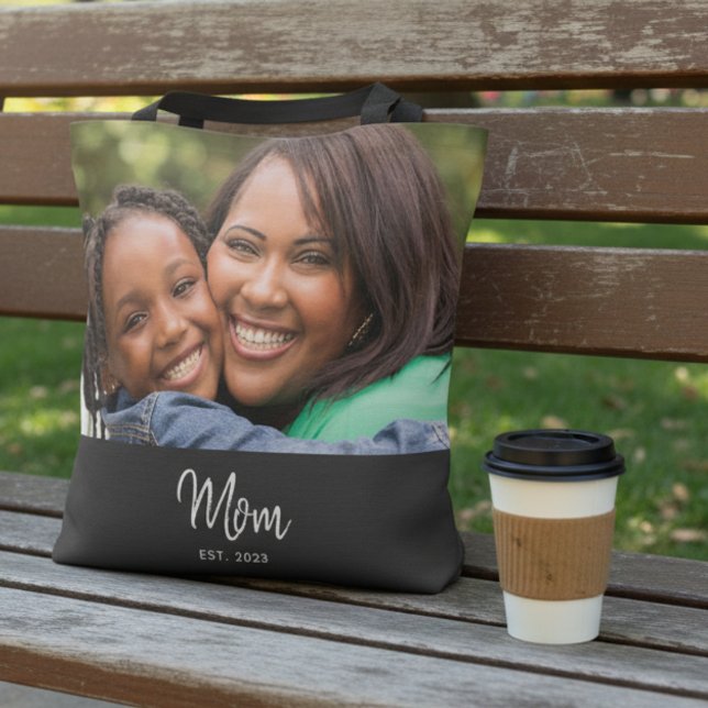 Mom Established Script Black Photo Tote Bag (Creator Uploaded)