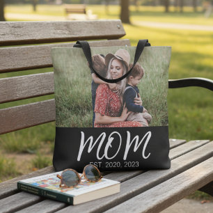 Mom Established Script Black Photo Tote Bag