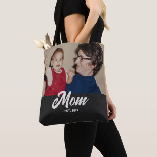 Mom Established Script Black Photo Tote Bag