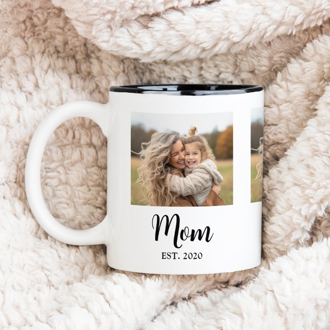 Mom Established Script Photo Two-Tone Coffee Mug (Mom established year and photo, personalized mug gift for  Mothers Day, Birthday or just because! )