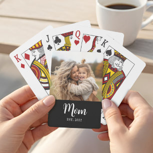 Mom Established Script Text Black Photo Playing Cards