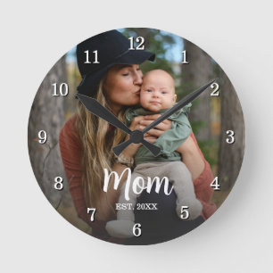 Mom Established Script Typography Photo Year Est  Round Clock