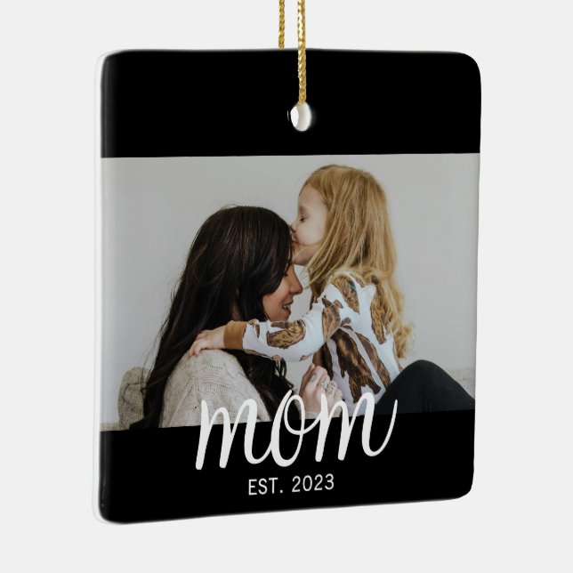 Mom Established White Script Photo Ceramic Ornament (Right)
