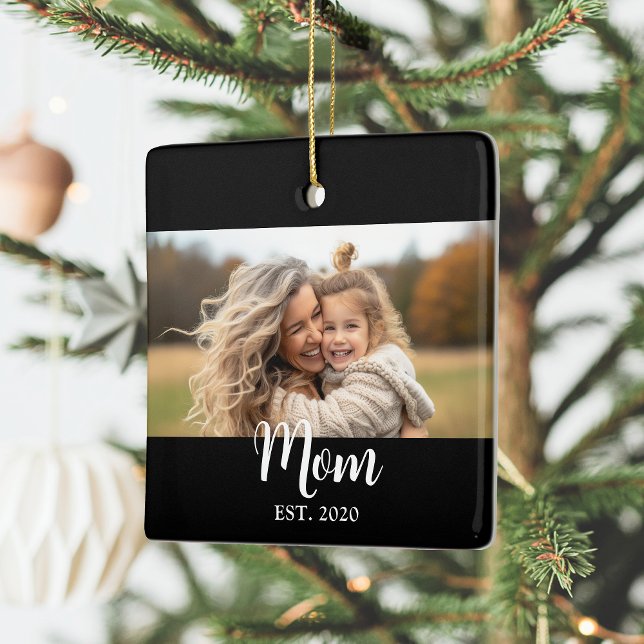 Mom Established Year Script Text Black Photo Ceramic Ornament (Established mom personalizable with photo, name & year she became a mom - the perfect christmas gift)