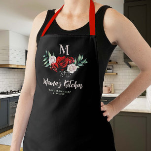 Mom Gift Black Red Roses Wreath Elegant Monogram Apron