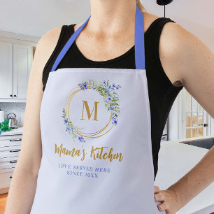 Mom Gift Blue Meadow Wildflower Chic Gold Monogram Apron
