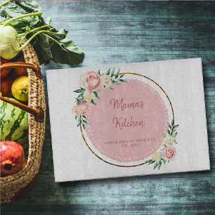Mom Gift Pink Gold Green Floral Wreath Blush Roses Cutting Board
