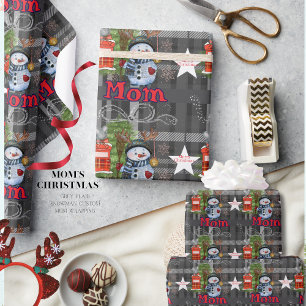 "Mom" Gray Plaid Snowman Christmas Wrapping Paper
