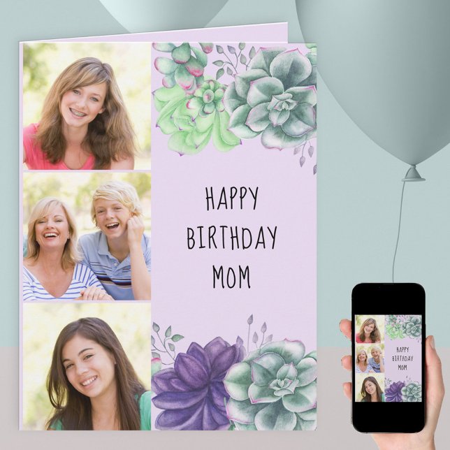Mom Green and Purple Succulents 3 Photo Birthday Card (Creator Uploaded)