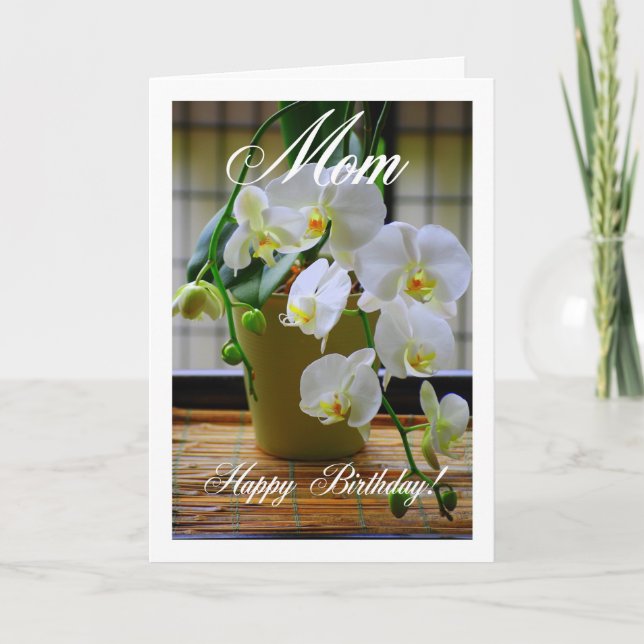 Mom, Happy Birthday, White Orchids Card (Front)
