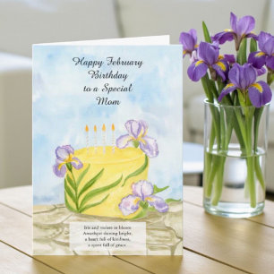 Mom Happy February Irises Birthday Cake Card