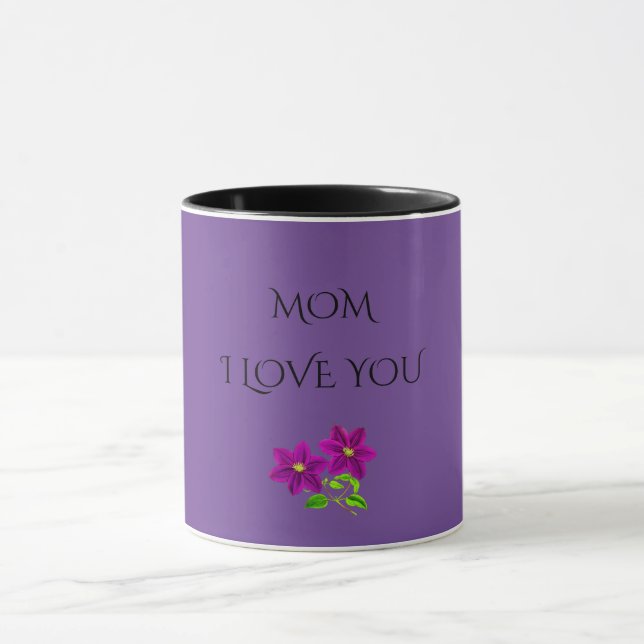 'MOM' I LOVE YOU purple flowers two toned mug. Mug (Center)