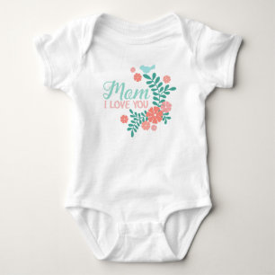 Mom I love you text, blue bird, pink flowers Baby Bodysuit