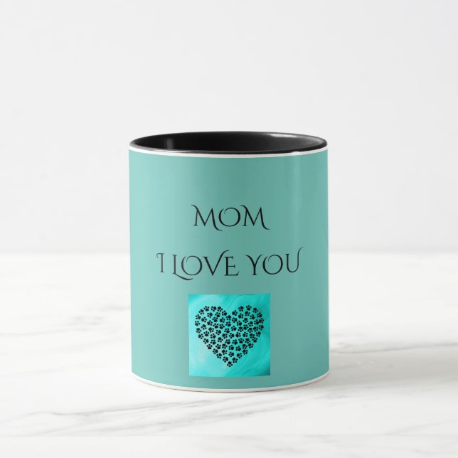 'MOM' I LOVE YOU turquoise heart two toned mug. Mug (Center)