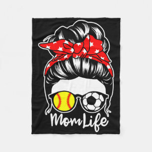 Mom Life Messy Bun Hair Soccer Softll Player Mom  Fleece Blanket