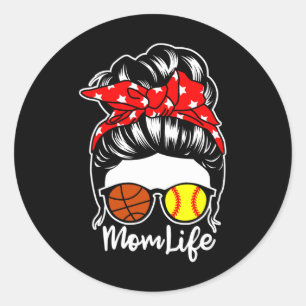 Mom Life Messy Bun Hair Softll Sketll Player Mom  Classic Round Sticker
