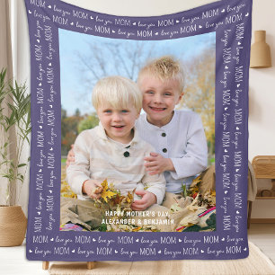 MOM Love You Personalised Modern Purple Photo Fleece Blanket