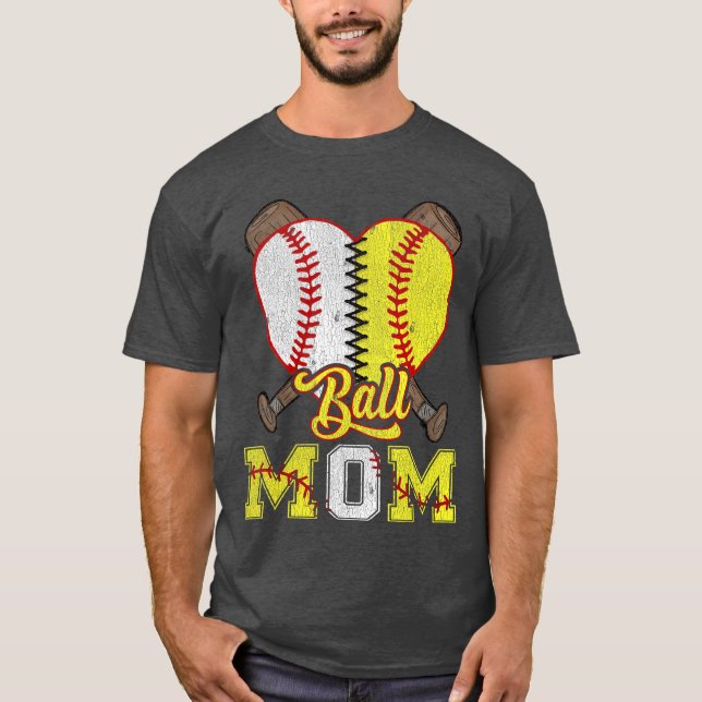 Mom of Both Ball Mom Half Softball Half Baseball v T-Shirt (Front)