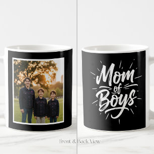 Mom of Boys Brush Script Custom 1 Photo Black Coffee Mug