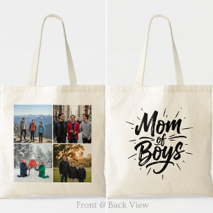 Mom of Boys Brush Script Four Photo Grid Tote Bag