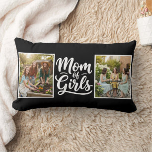 Mom of Girls Brush Script Double Photo Black White Lumbar Cushion