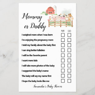 Mom or Dad Farm Animals Baby Shower Game Card