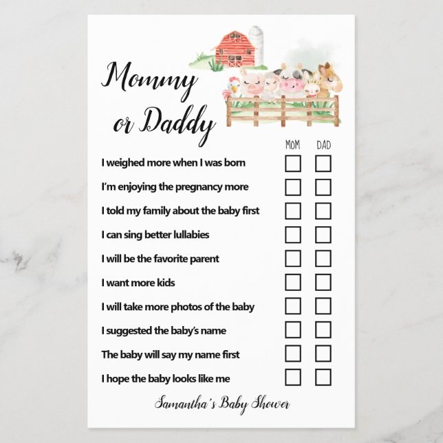 Mom or Dad Farm Animals Baby Shower Game Card (Front)