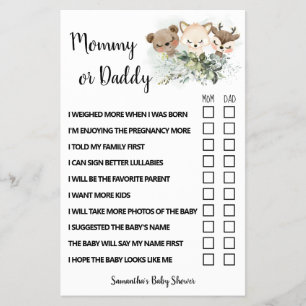 Mom or Dad Forest Animals Baby Shower Game Card