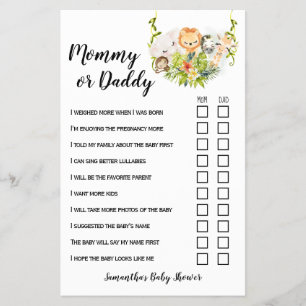 Mom or Dad Jungle Animals Baby Shower Game Card