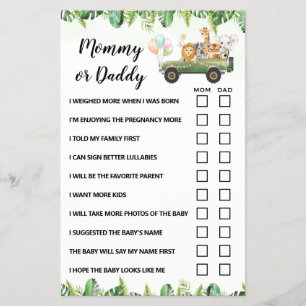 Mom or Dad Safari Animals Baby Shower Game Card