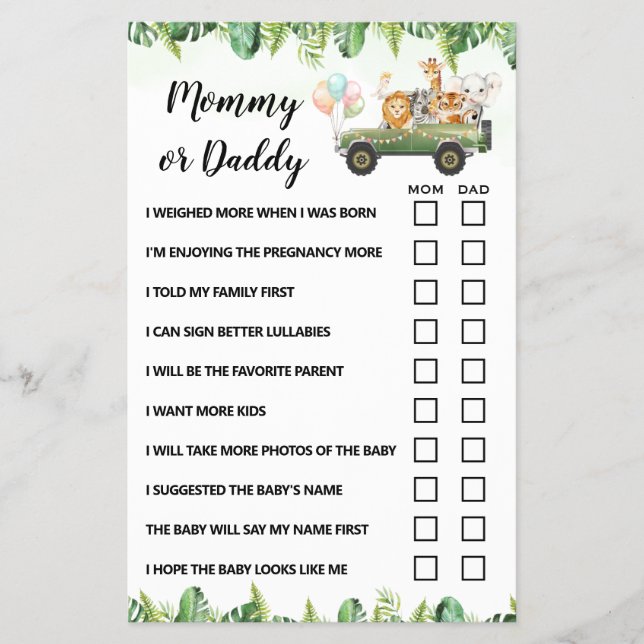 Mom or Dad Safari Animals Baby Shower Game Card (Front)