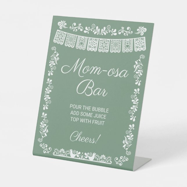 Mom-osa Bar Sage Green Baby Shower Pedestal Sign (Front)