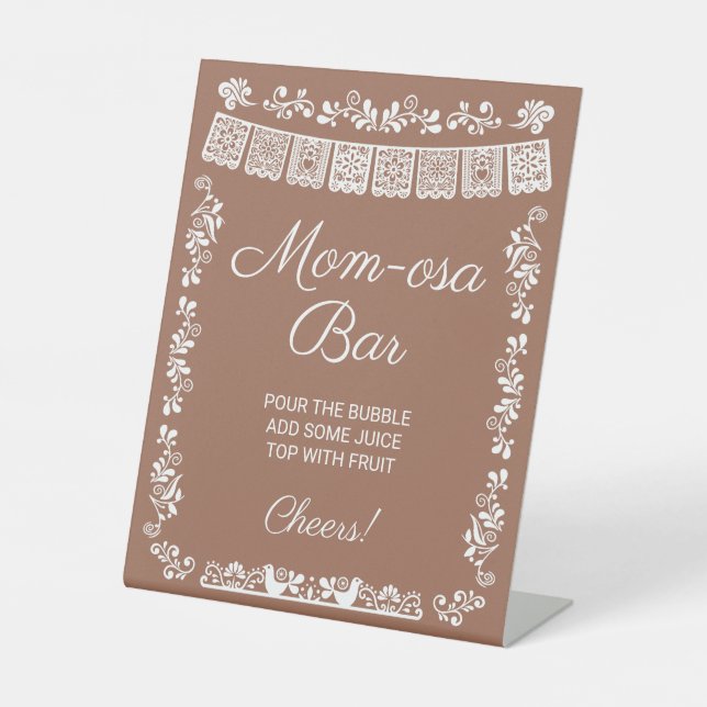 Mom-osa Bar Terracotta Baby Shower Pedestal Sign (Front)