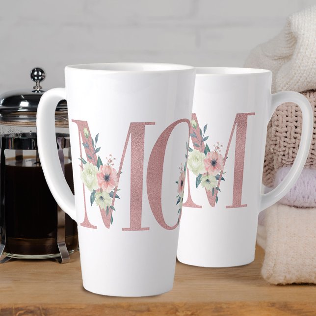 MOM Pretty Pink Floral Letter Typography Latte Mug (Creator Uploaded)