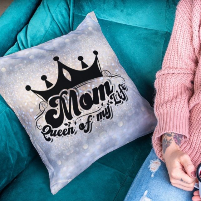 MOM Queen of my life Glitter Throw Pillow (Creator Uploaded)
