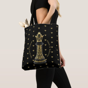 MOM Queen of my life, Golden Script Black Chess Tote Bag