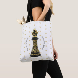 MOM Queen of my life, Golden Script Black Chess Tote Bag