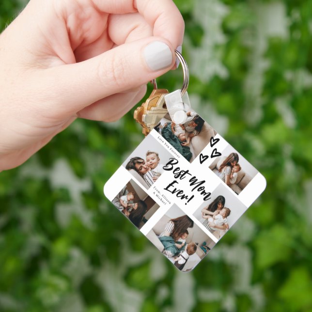 Mom Script Typography 6 Photo Collage Key Ring (Hand)